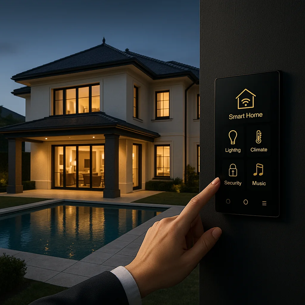 Smart-Home-Konzept mit Gebäude und mobiler Bedienung